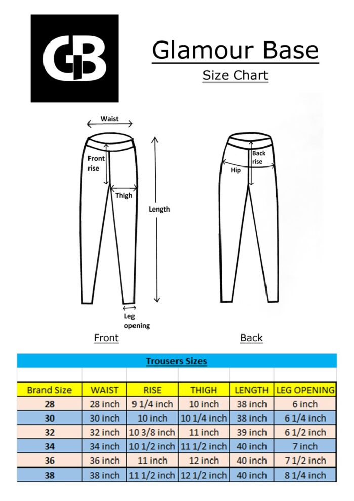 Gents Cotton pants size chart